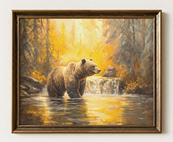 Rustic Grizzly Bear In River Painting Wilderness Lodge Decor Golden Autumn Sunlight Moody Forest Scene Wildlife Art 1038