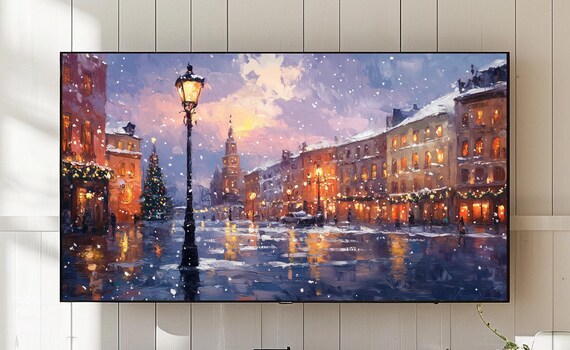 Snowy European Old Town Christmas Lights Dusk Street Scene Poster