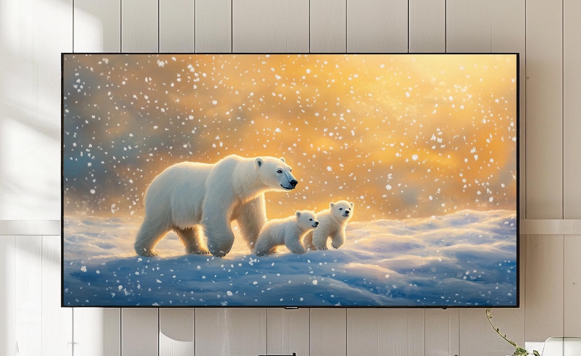 Polar Bear Mother and Cubs in Falling Snow Golden Arctic Scene Art Poster