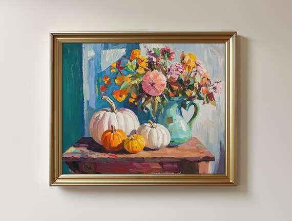 Autumn Harvest Still Life Pumpkins and Fall Flowers Painting Poster