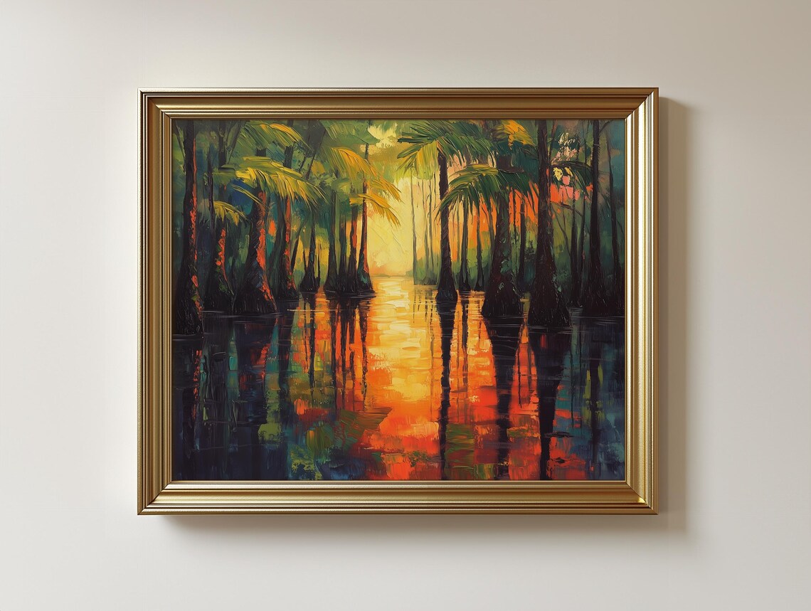 Impressionist Southern Swamp Art Print, Rustic Cypress Sunset