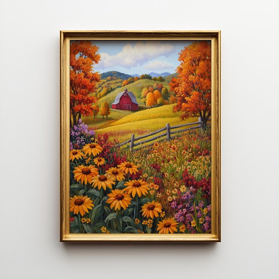 Autumn Countryside Landscape Print Rustic Harvest Scene 408