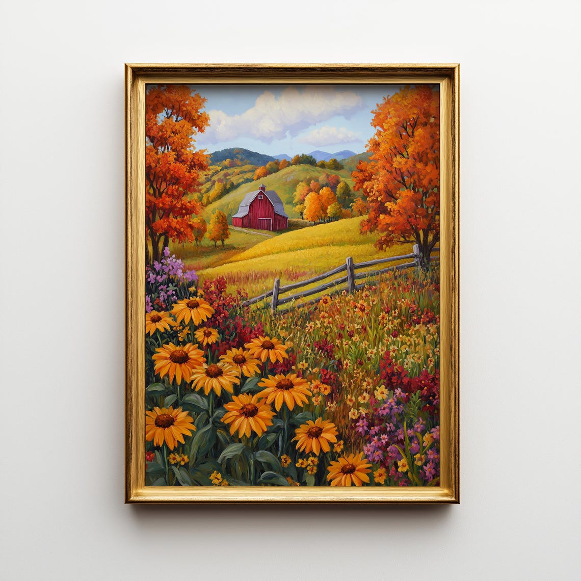 Autumn Countryside Red Barn Wildflower Field Split Rail Fence Poster