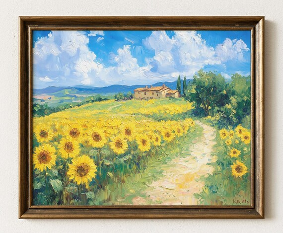 Sunflower Field With Farmhouse Country Path Summer Bright Poster