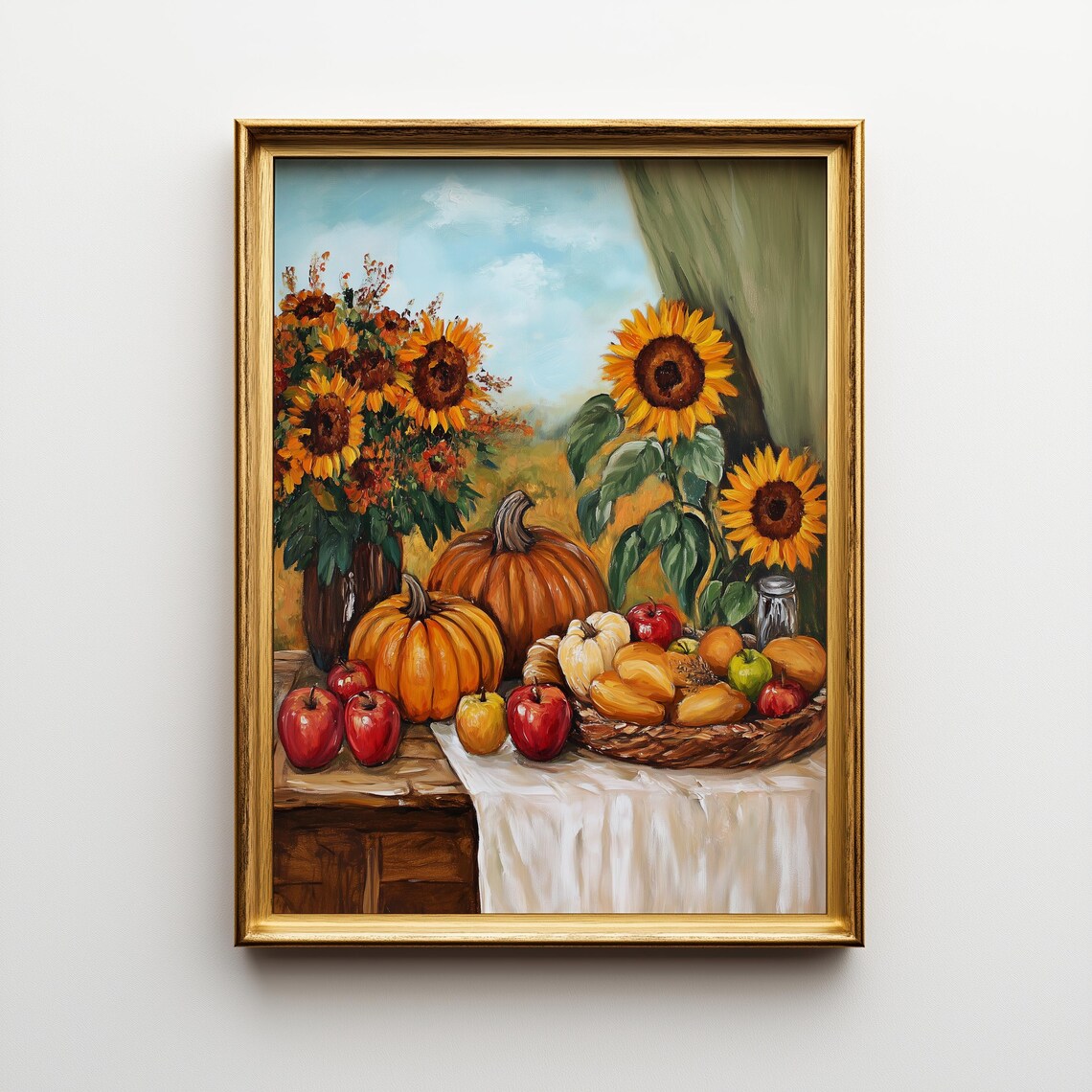 Autumn Harvest Table Painting Pumpkins Sunflowers Apples 352