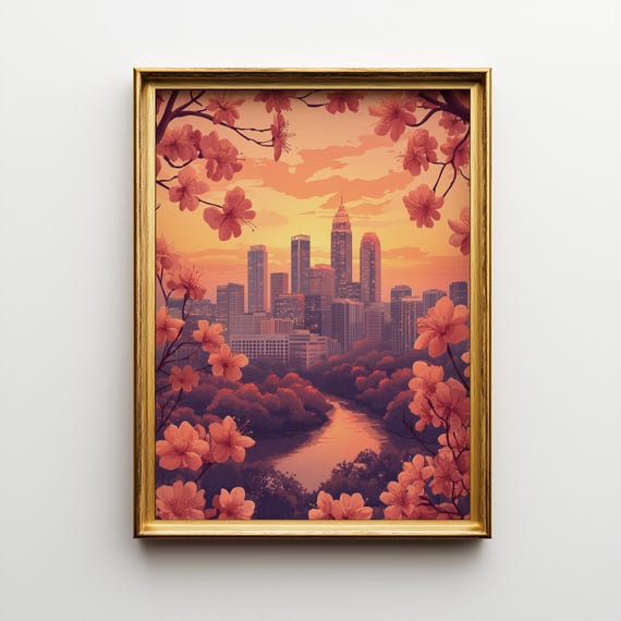 Atlanta Skyline Sunset Print Peach Blossom Photography Rustic Cityscape 237