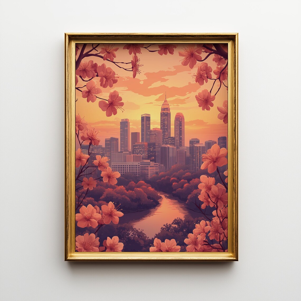 Atlanta Skyline Sunset Print Peach Blossom Photography Rustic Cityscape 237