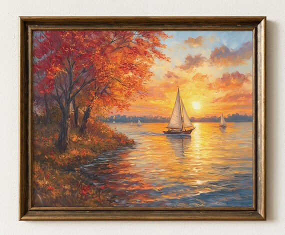 Autumn Harbor Sunset Sailboats Golden Water Oil Painting Art Poster
