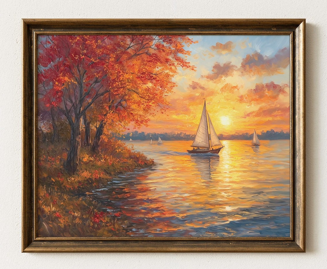 Autumn Harbor Sunset Sailboats Golden Water Oil Painting Art Poster