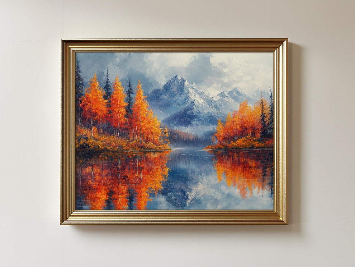 Autumn Mountain Lake Scene, Rustic Fall Landscape Art Print