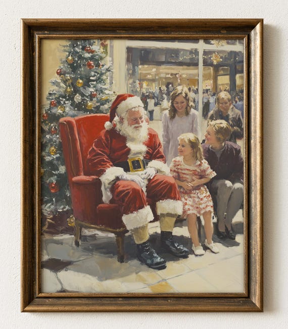 Vintage Santa Oil Painting Nostalgic Christmas Mall Scene Art 926a