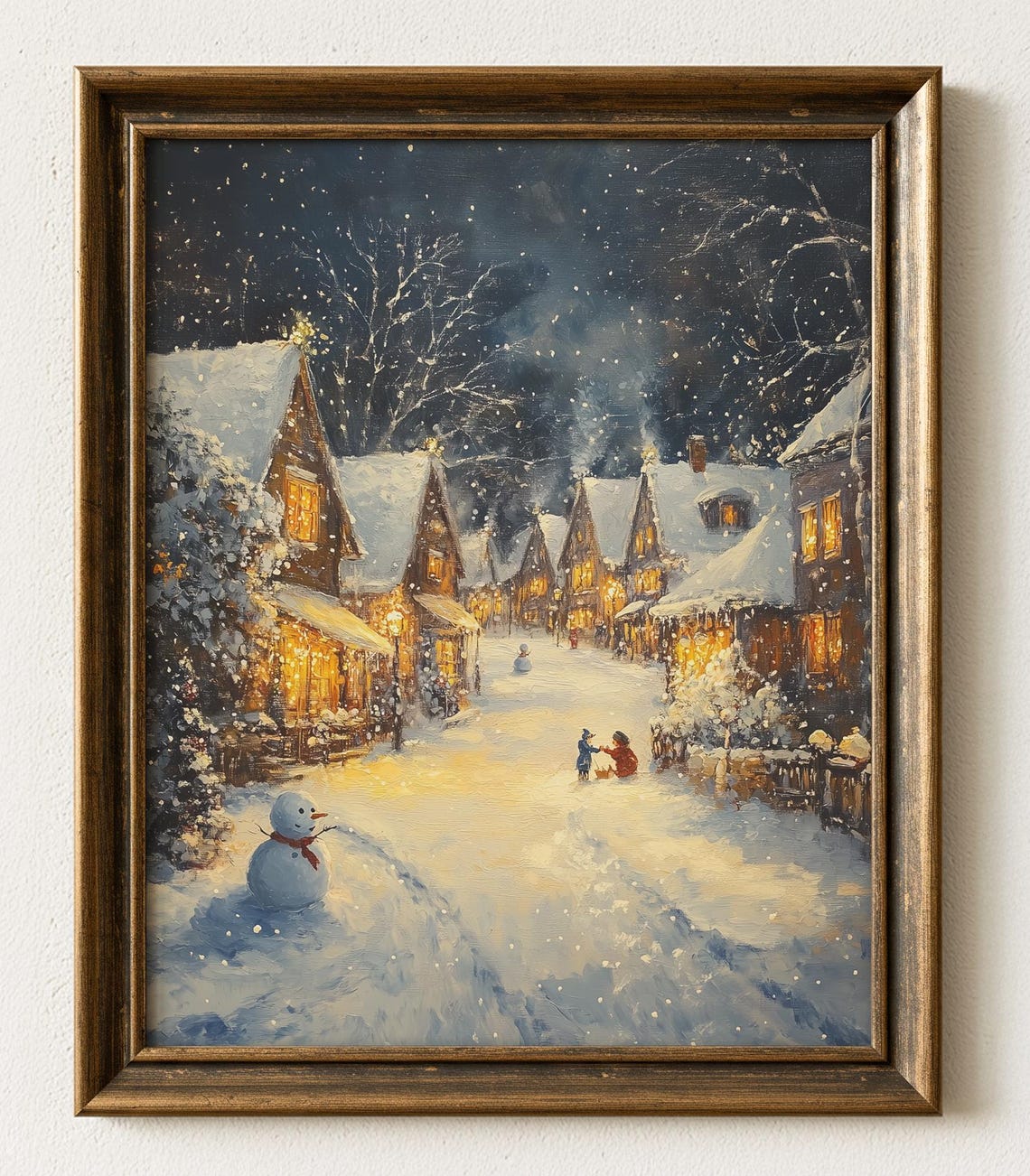 Snowy Winter Village Night Lantern Glow Cozy Holiday Scene Poster