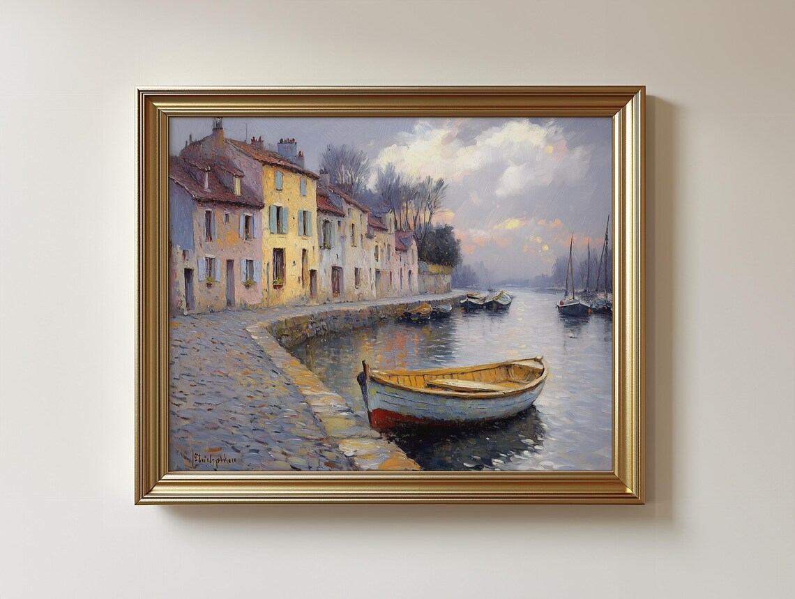 Canal Side Village With Moored Boats At Dusk Impressionist Art Poster