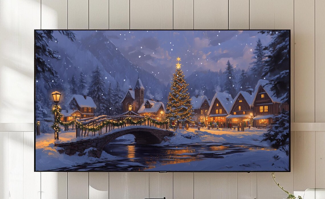Snowy Christmas Village Night Bridge Garland Cottages Painting Poster