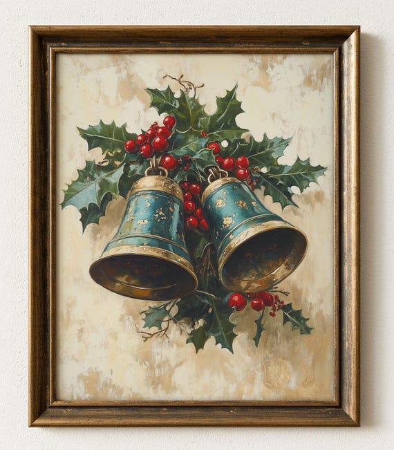 Vintage Christmas Bells Rustic Holiday Art Festive Farmhouse Decor Holly Leaves Painting Cozy Classic 1076
