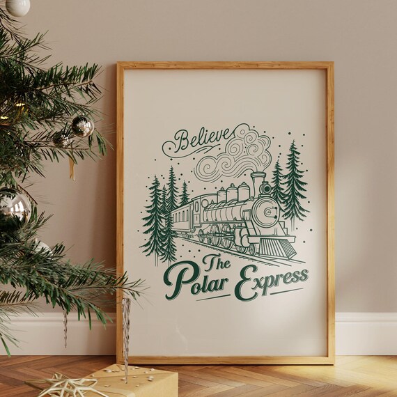 Believe The Polar Express Train Christmas Green Line Art Poster