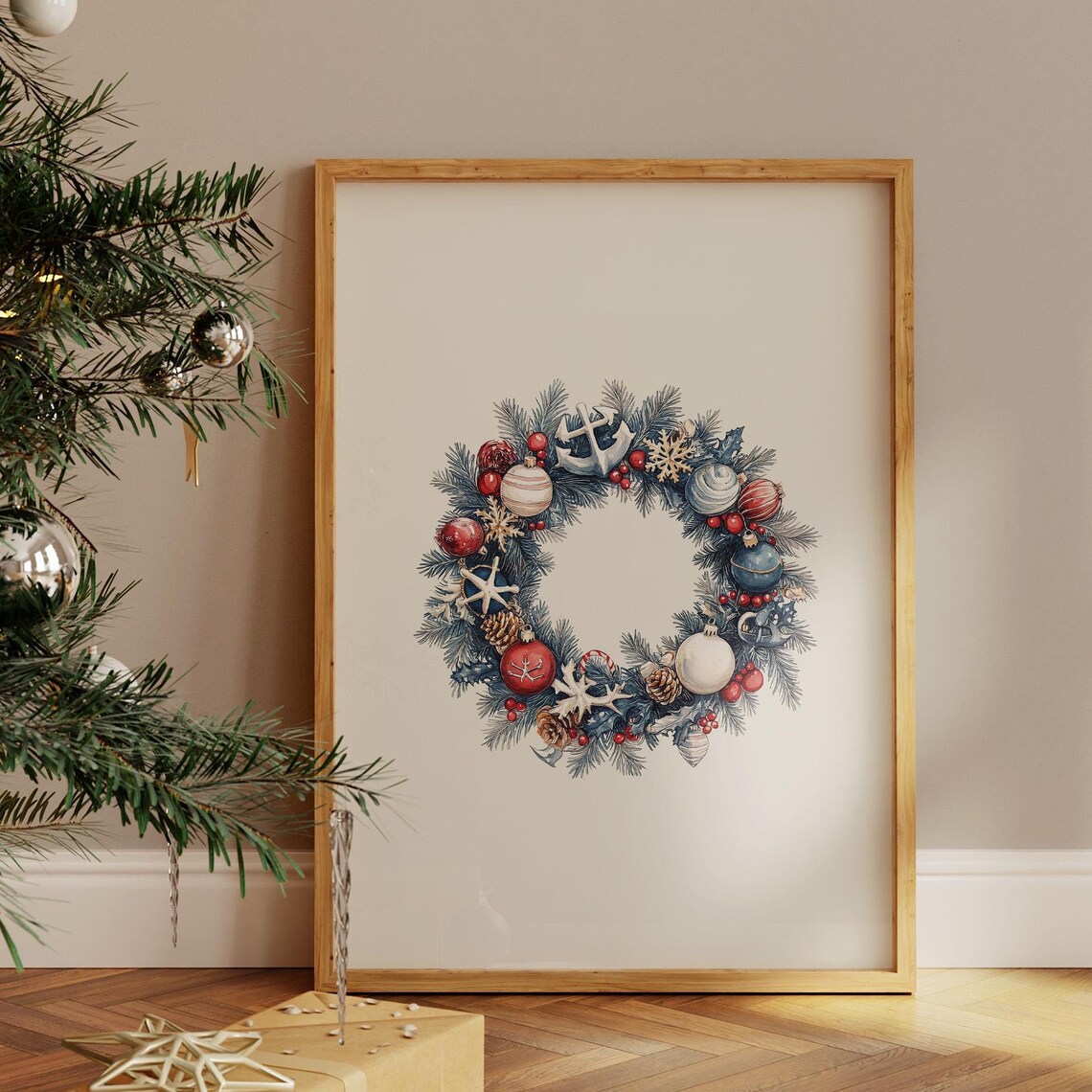 Coastal Christmas Wreath Poster with Anchors, Starfish and Shells