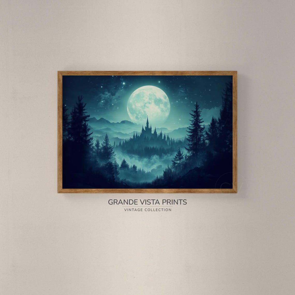 Full Moon Over Misty Castle Valley Dark Pine Forest Night Sky Poster - Image 2