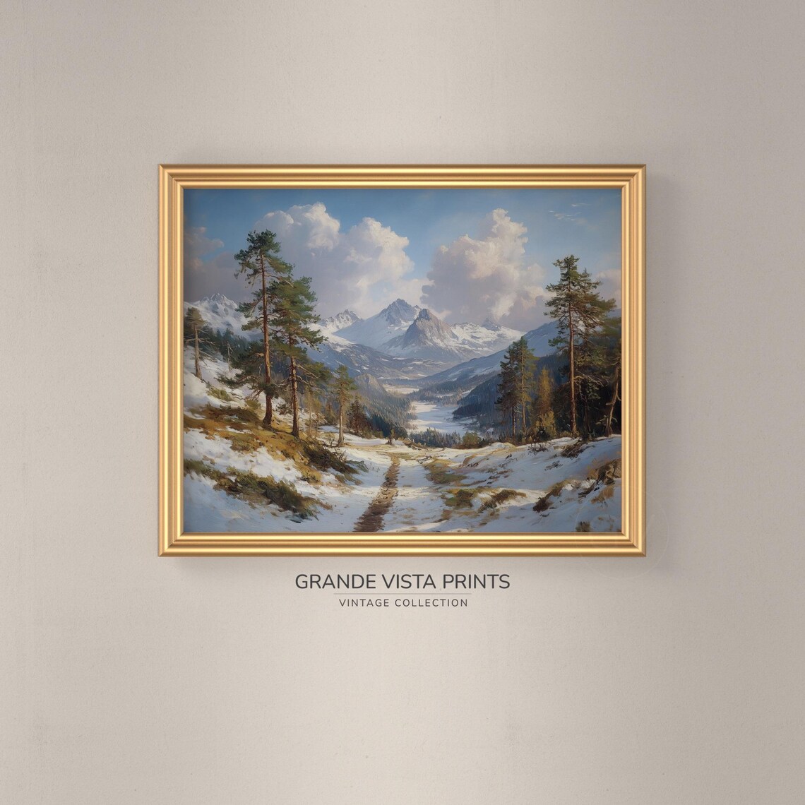 Winter Mountain Valley Snowy Pines Trail Vintage Landscape Poster - Image 3