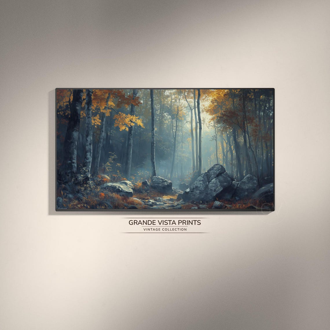 Autumn Forest Golden Birch Trees Sunlit Misty Vintage Painting