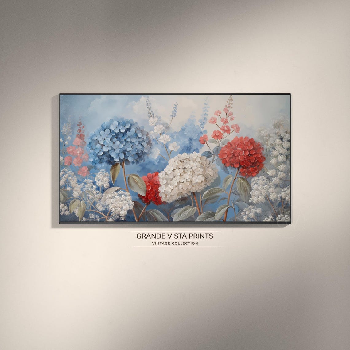 Tricolor Flower Frame Tv Art Cool Tone Flower Painting Red Flower Wallpaper Blue Flower Still Life Floral Wallpaper Gv4266