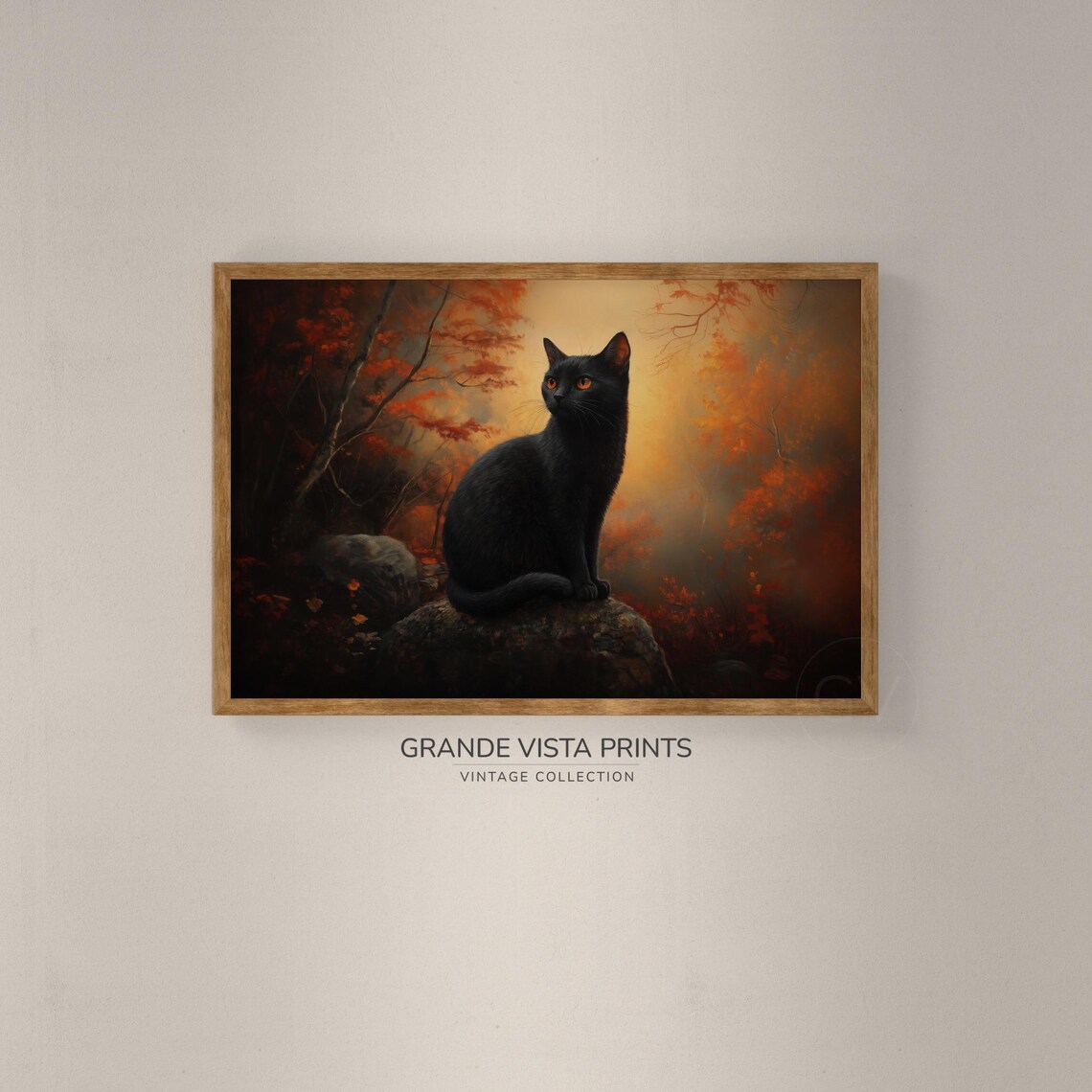 Black Cat Rock Autumn Forest Golden Light Halloween Cat Animal Poster - Image 2