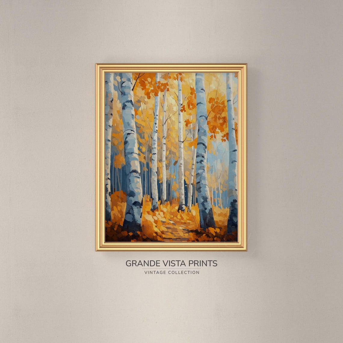 Golden Orange Birch Forest Blue Shadows Painterly Vintage Poster - Image 3