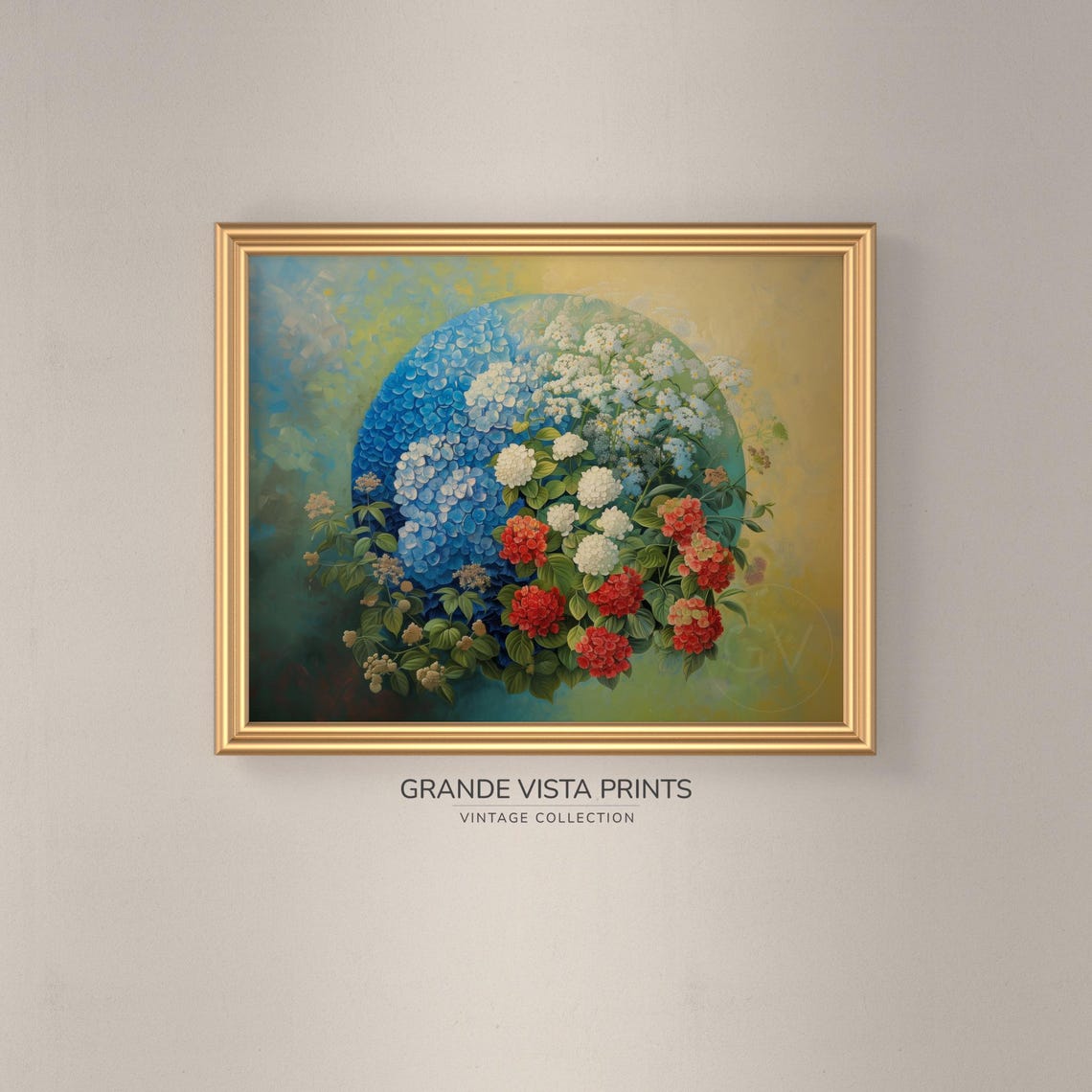 Blue Hydrangea Half Moon Red White Blooms Teal Medallion Floral Poster - Image 3