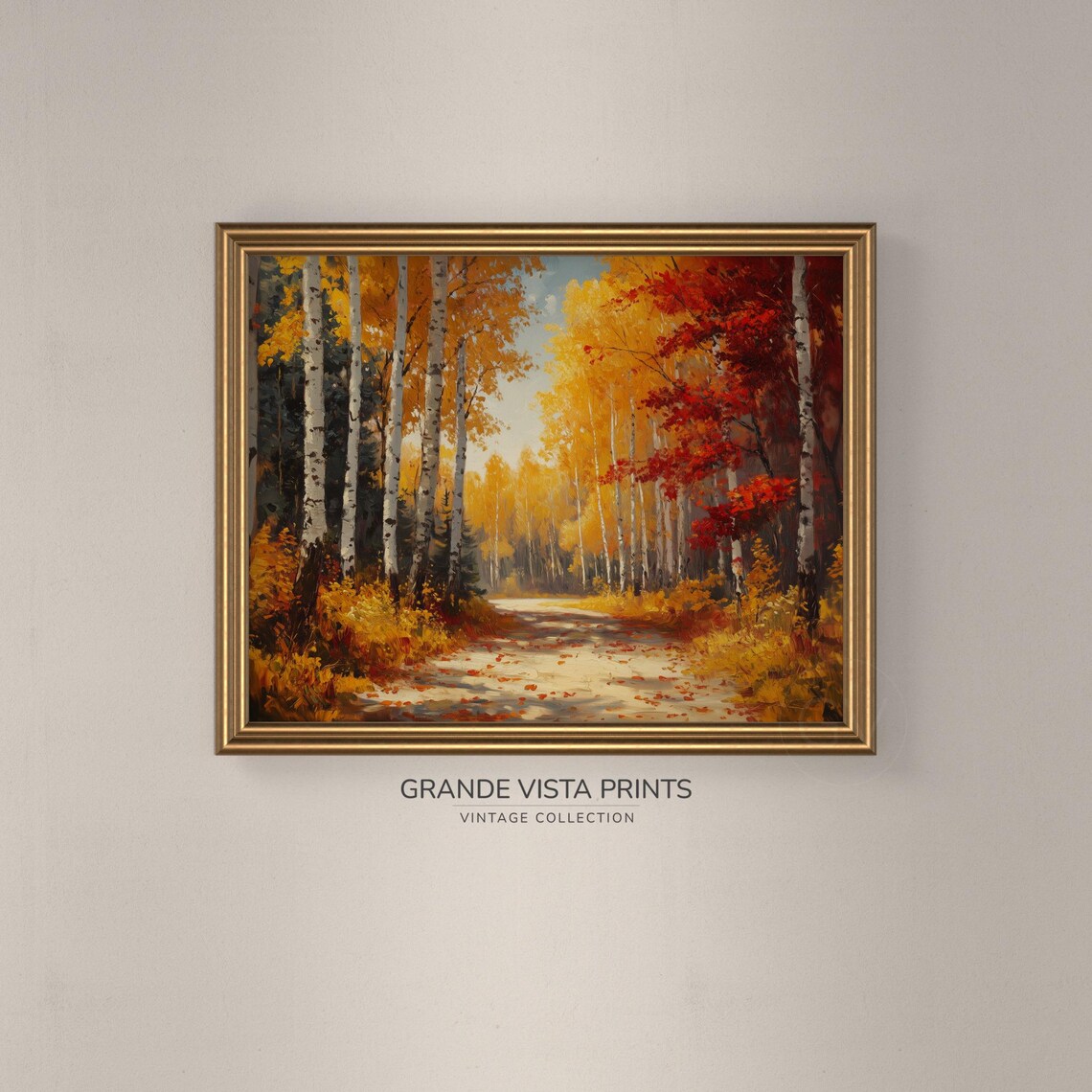 Sun Dappled Birch Alley Golden Canopy Red Accents Fall Road Art Poster - Image 3