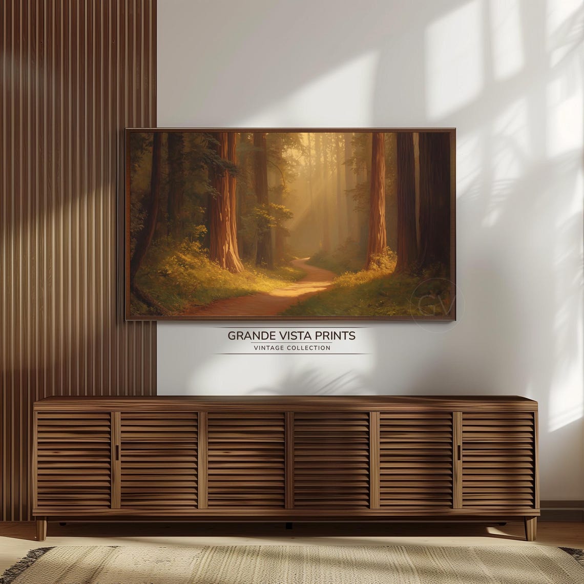 Sunlit Forest Path Golden Light Rays Towering Trees Vintage Poster - Image 3
