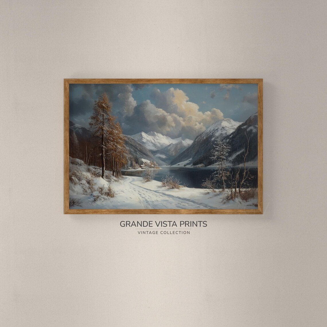 Snowy Mountain Lake Golden Larch Trees Vintage Winter Painting - Image 2