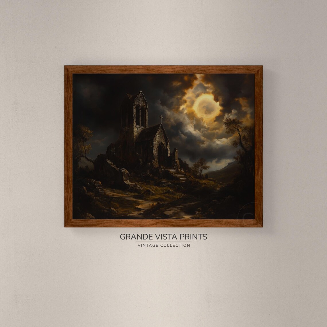 Dark Academia Ruined Stone Church Stormy Night Clouds Moon Print - Image 4
