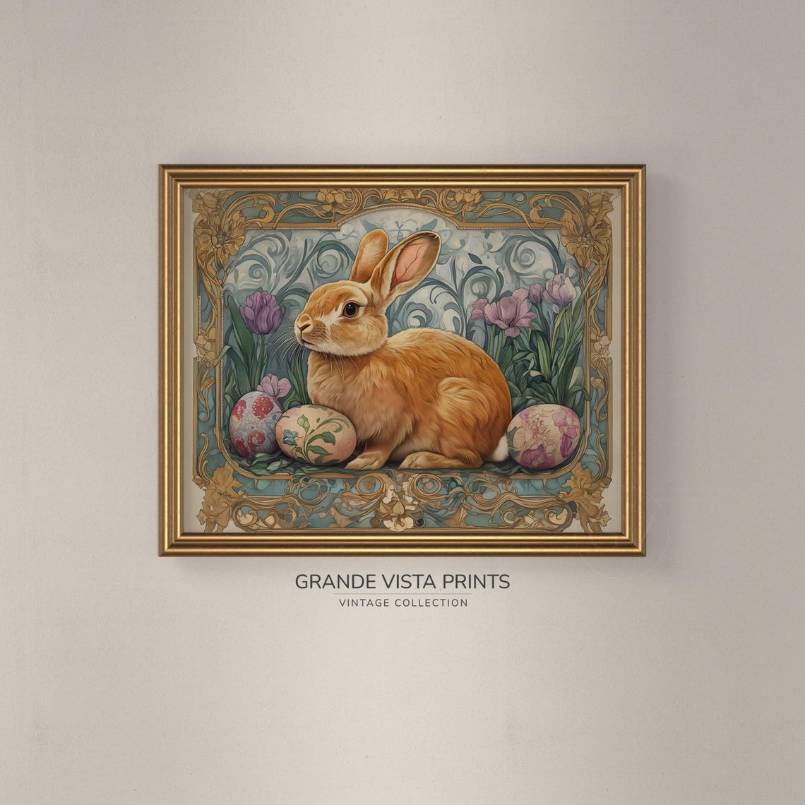 Golden Rabbit Painted Eggs Tulips Art Nouveau Floral Border Poster - Image 3