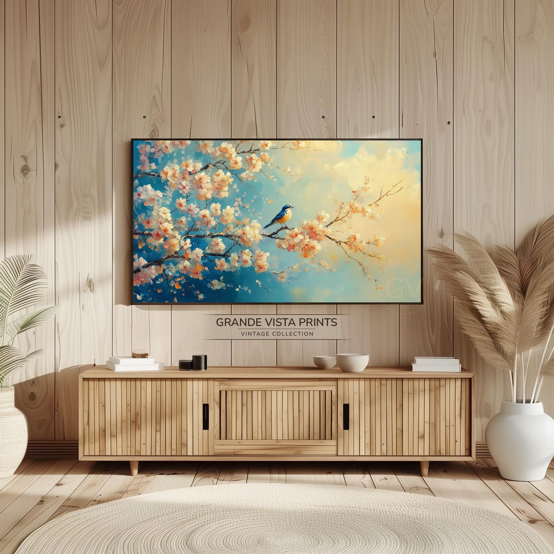Bluebird on Cherry Blossom Branch Teal Sky Impressionist Wall Art - Image 2