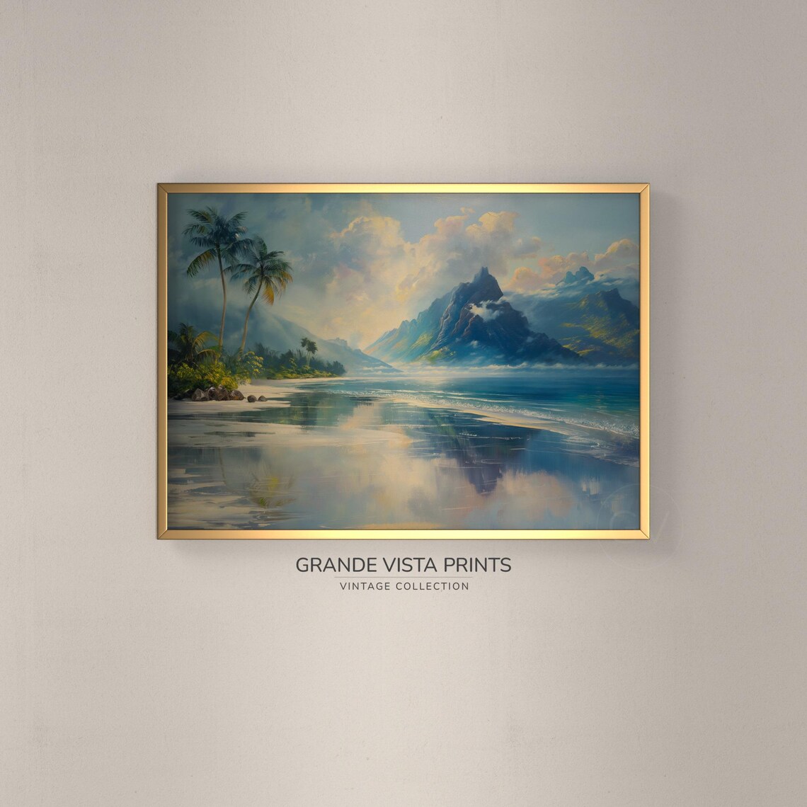 Tropical Island Palm Beach Mountain Peak Lagoon Reflection Poster
