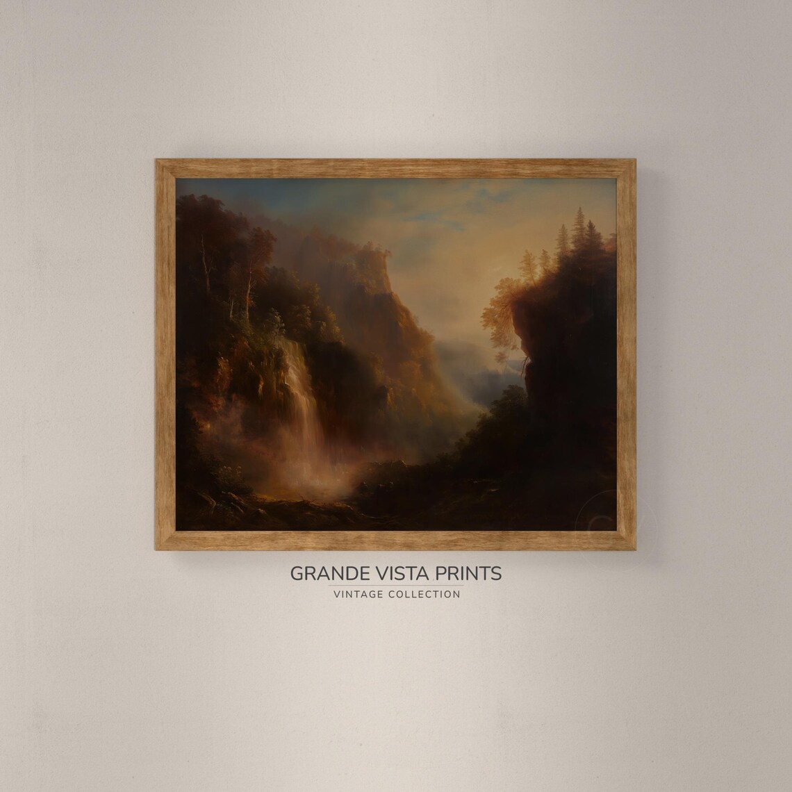 Misty Gorge Waterfall Amber Sunset Golden Glow Vintage Travel Poster - Image 4