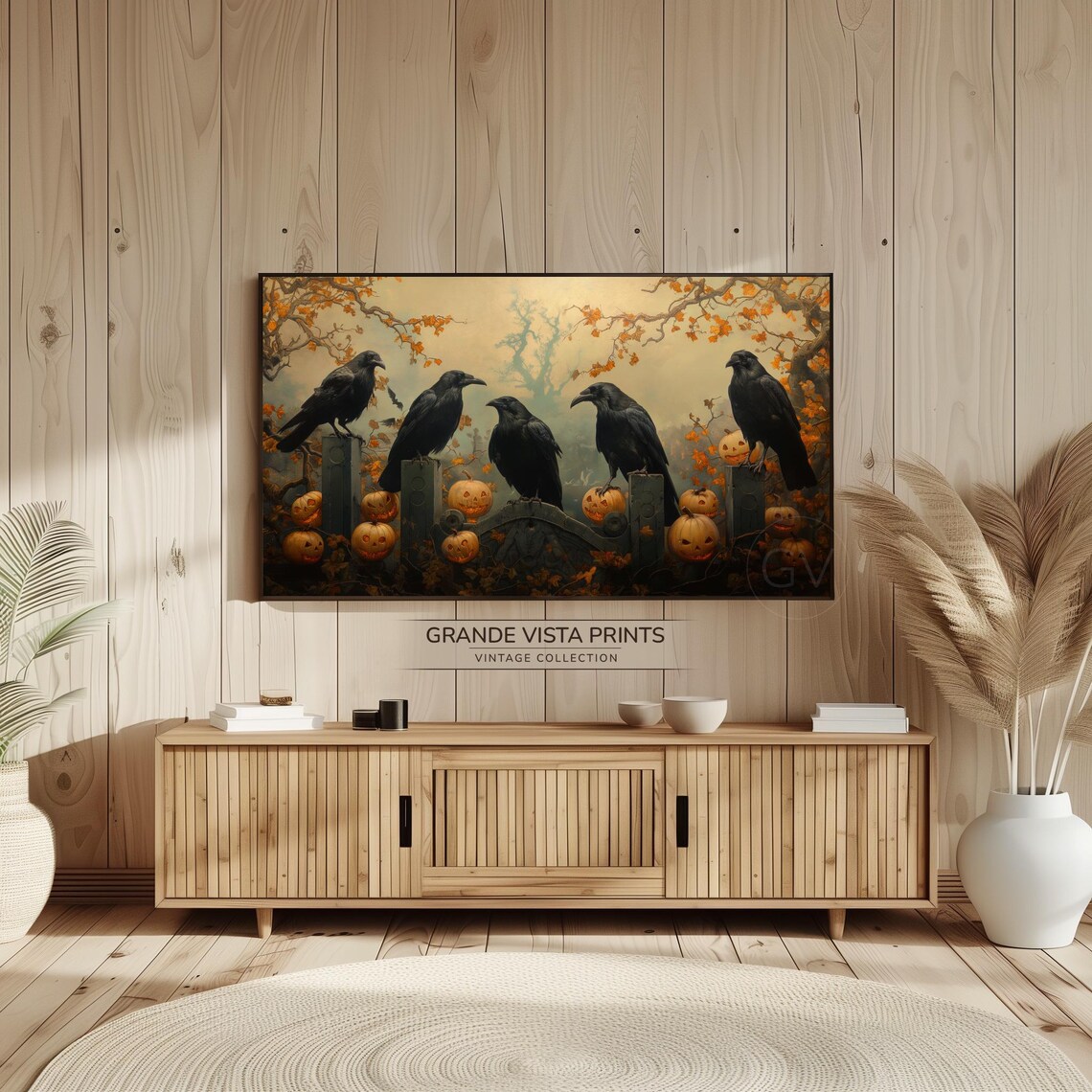 Halloween Crows Five Black Birds Tombstones Pumpkins Spooky Vintage Poster - Image 2