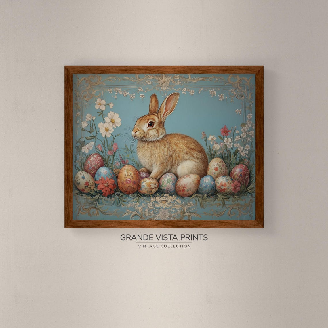 Tan Rabbit Painted Easter Eggs Teal Blue Vintage Spring Wall Art - Image 4