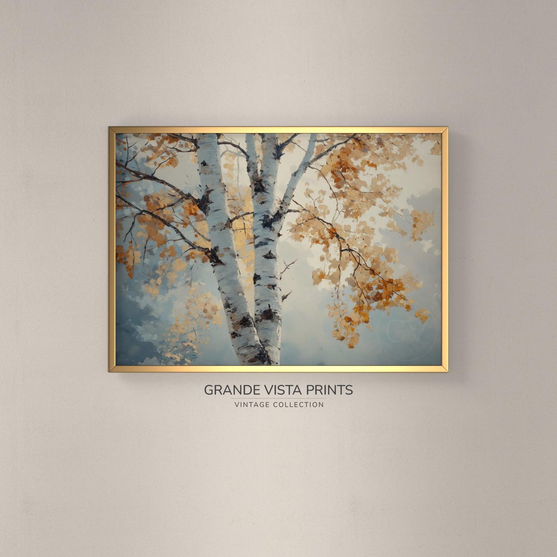 White Birch Branches Golden Leaves Sparse Autumn Painting Poster