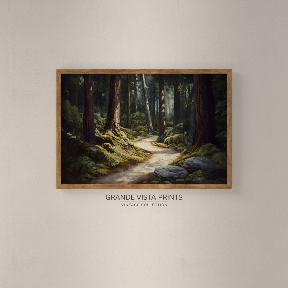Sunlit Redwood Forest Path Mossy Boulders Towering Trees Poster - Image 2