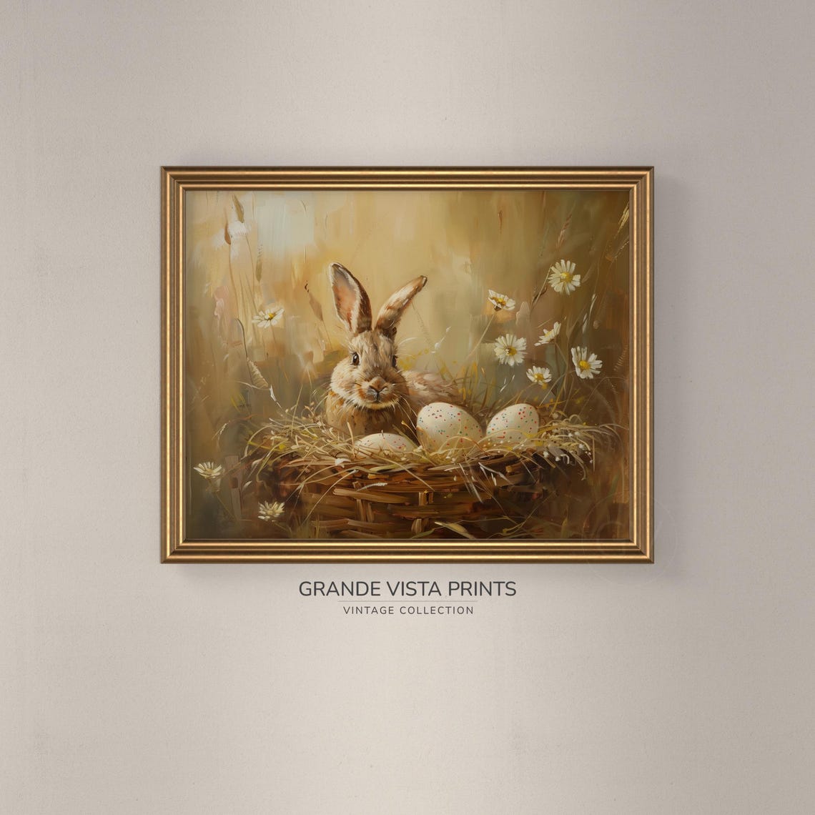 Brown Bunny with Easter Egg Basket in Golden Daisy Meadow Easter Print - Image 3