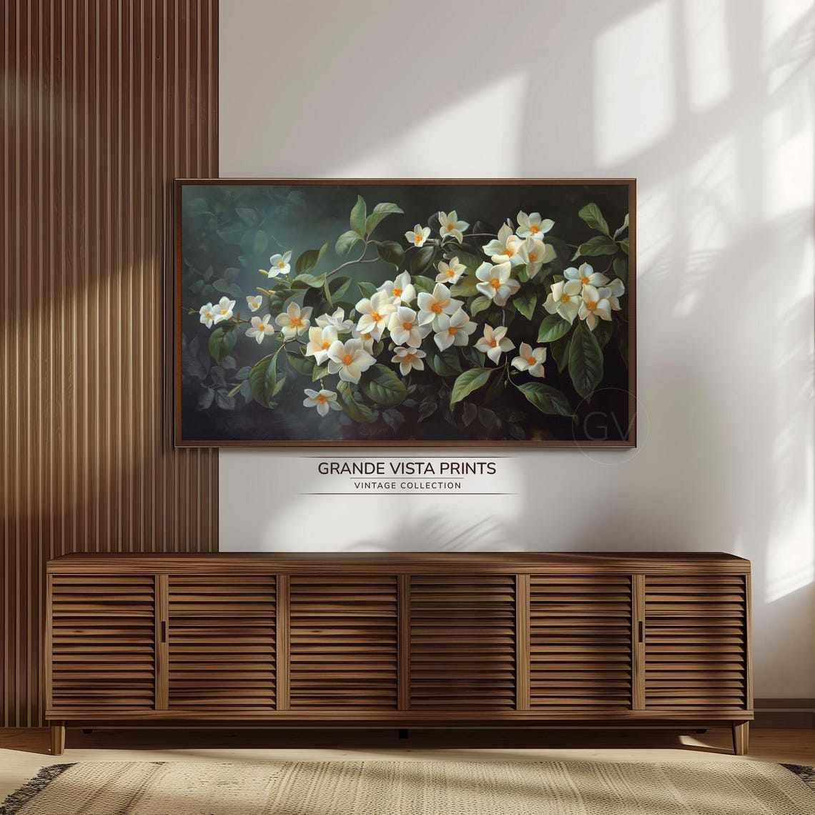 White Blossom Branch Orange Centers Dark Vintage Botanical Wall Art - Image 3