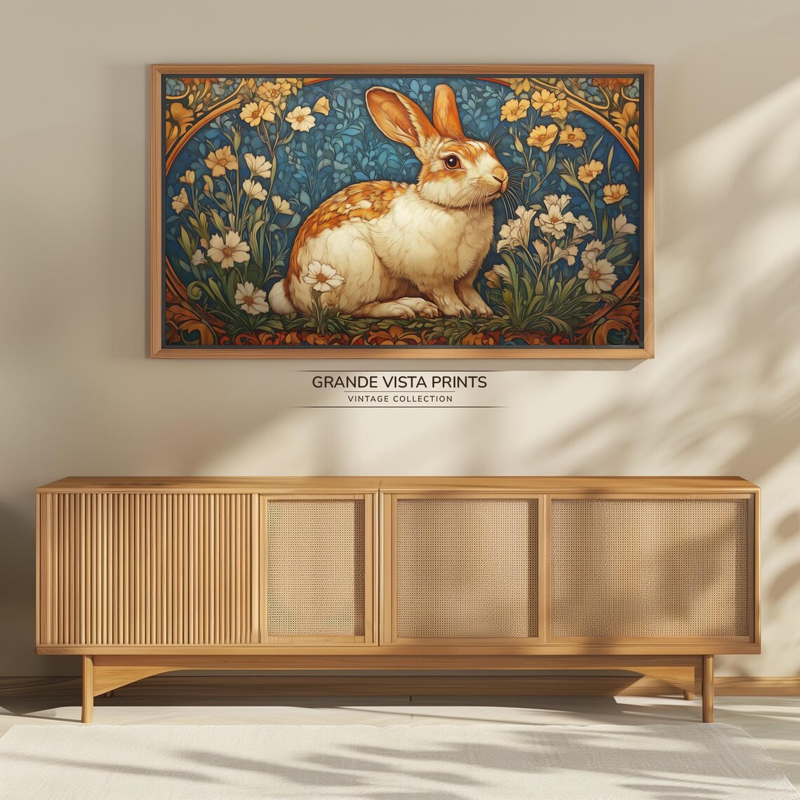 Brown and White Rabbit Among Flowers Art Nouveau Teal Wall Art - Image 4