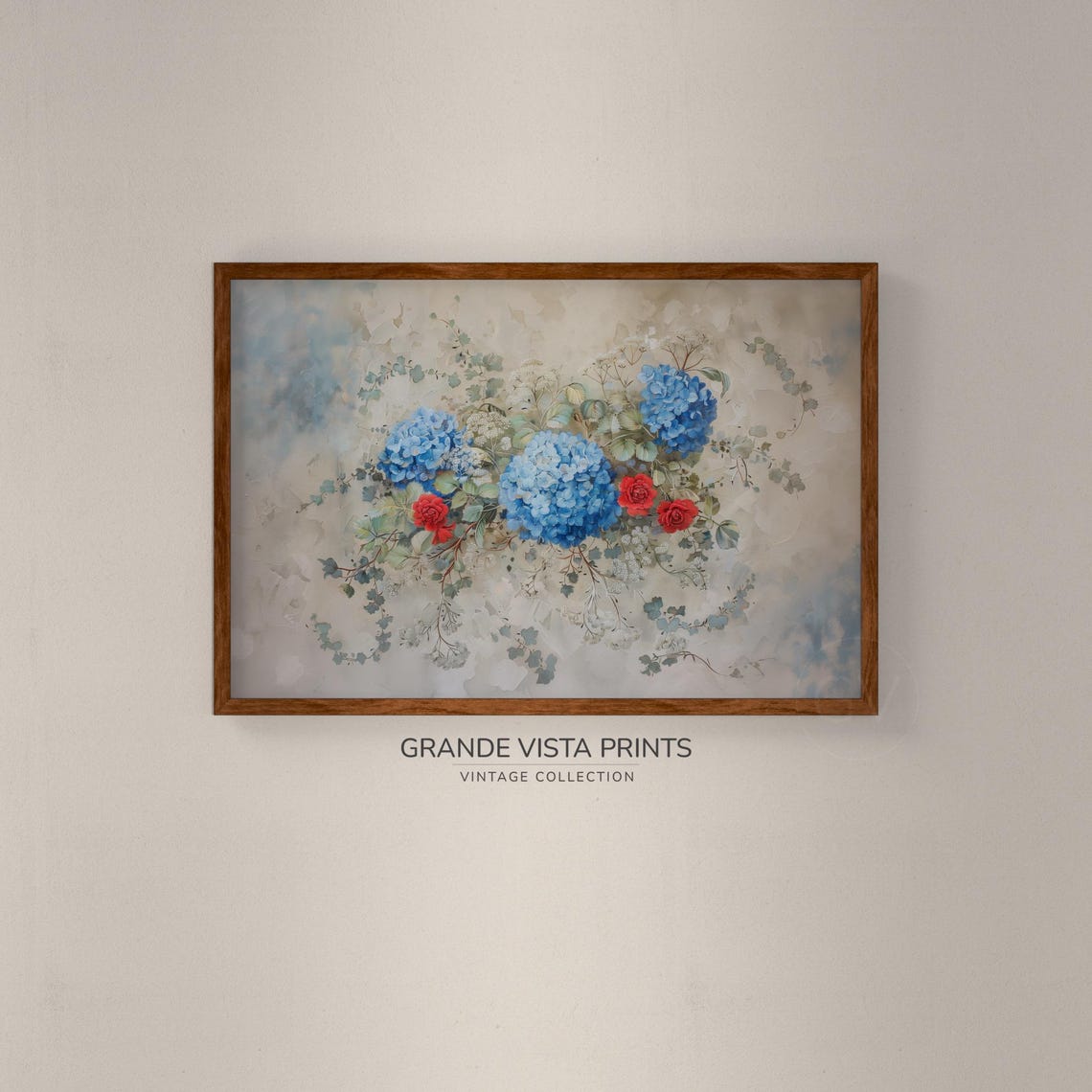 Blue Hydrangea Red Rose Spray Vintage Floral Wall Art Poster - Image 2