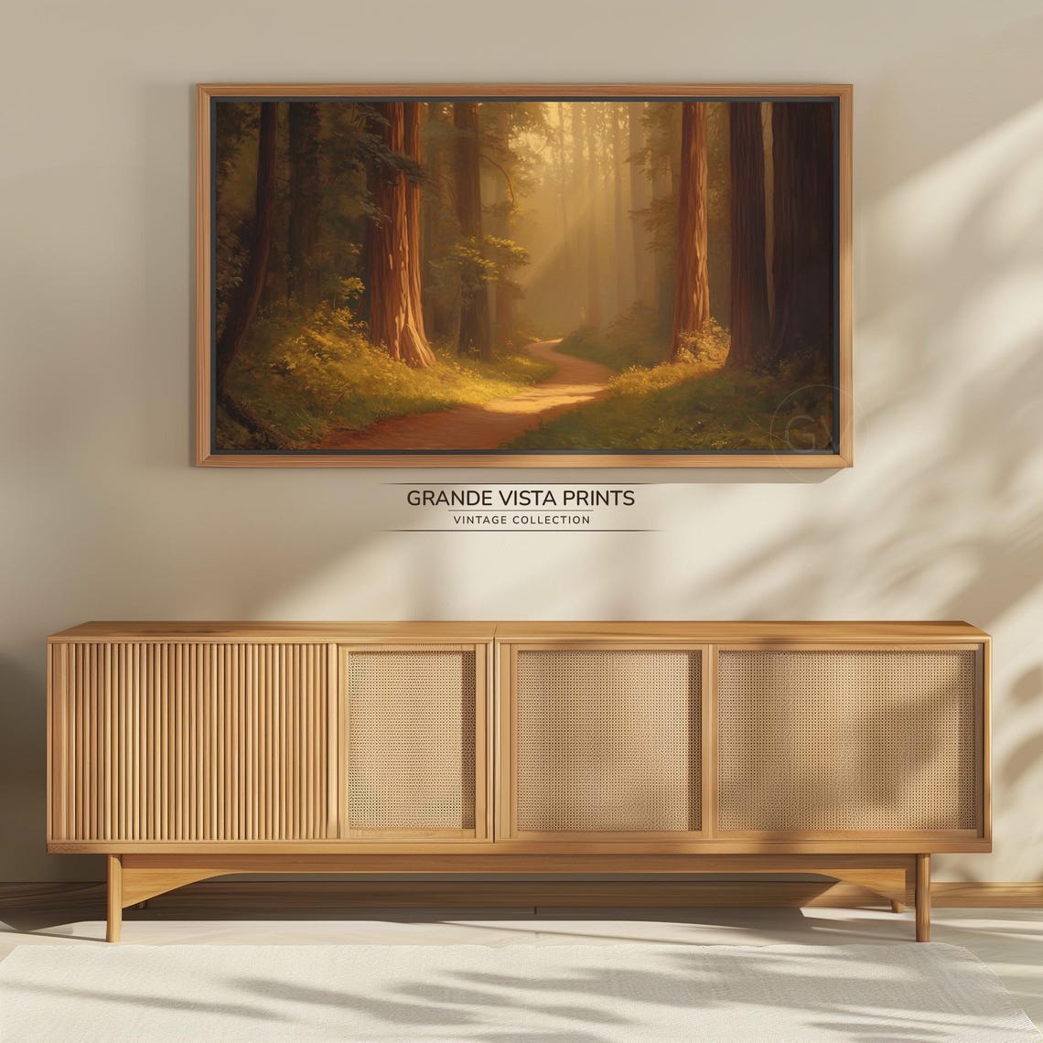 Sunlit Forest Path Golden Light Rays Towering Trees Vintage Poster - Image 4