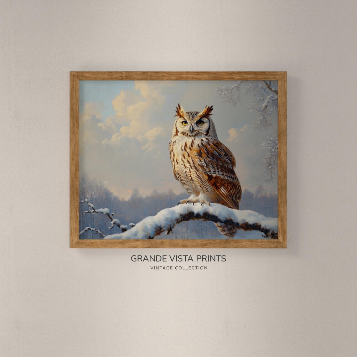 Great Horned Owl Snowy Branch Winter Wildlife Painting Poster - Image 4