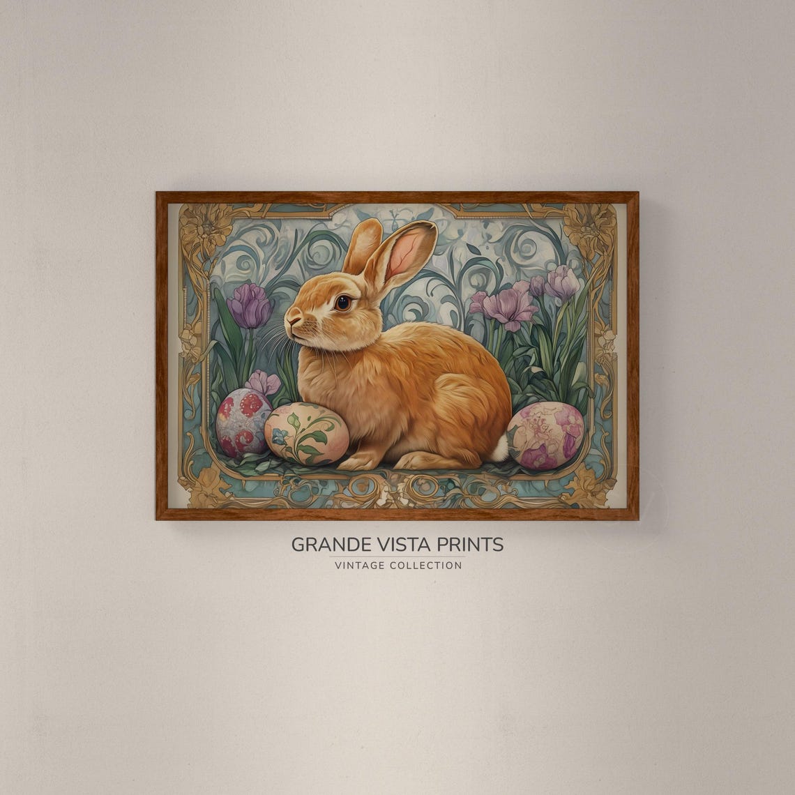 Golden Rabbit Painted Eggs Tulips Art Nouveau Floral Border Poster - Image 2