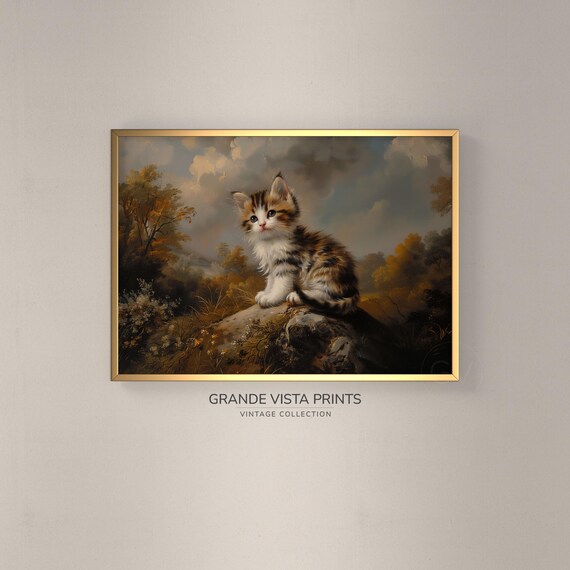 Fluffy Kitten Autumn Rock Vintage Oil Painting Cute Cat Poster