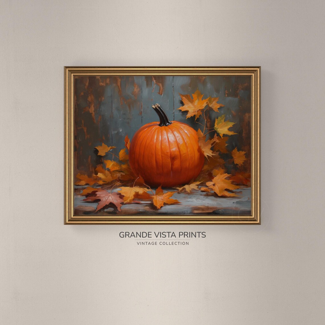Orange Pumpkin Red Maple Leaves Dark Harvest Still Life Painting Poster - Image 3