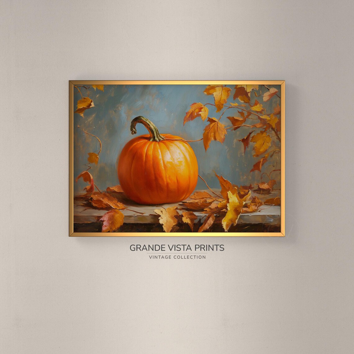Orange Pumpkin Golden Leaves Rustic Blue Harvest Still Life Painting Poster